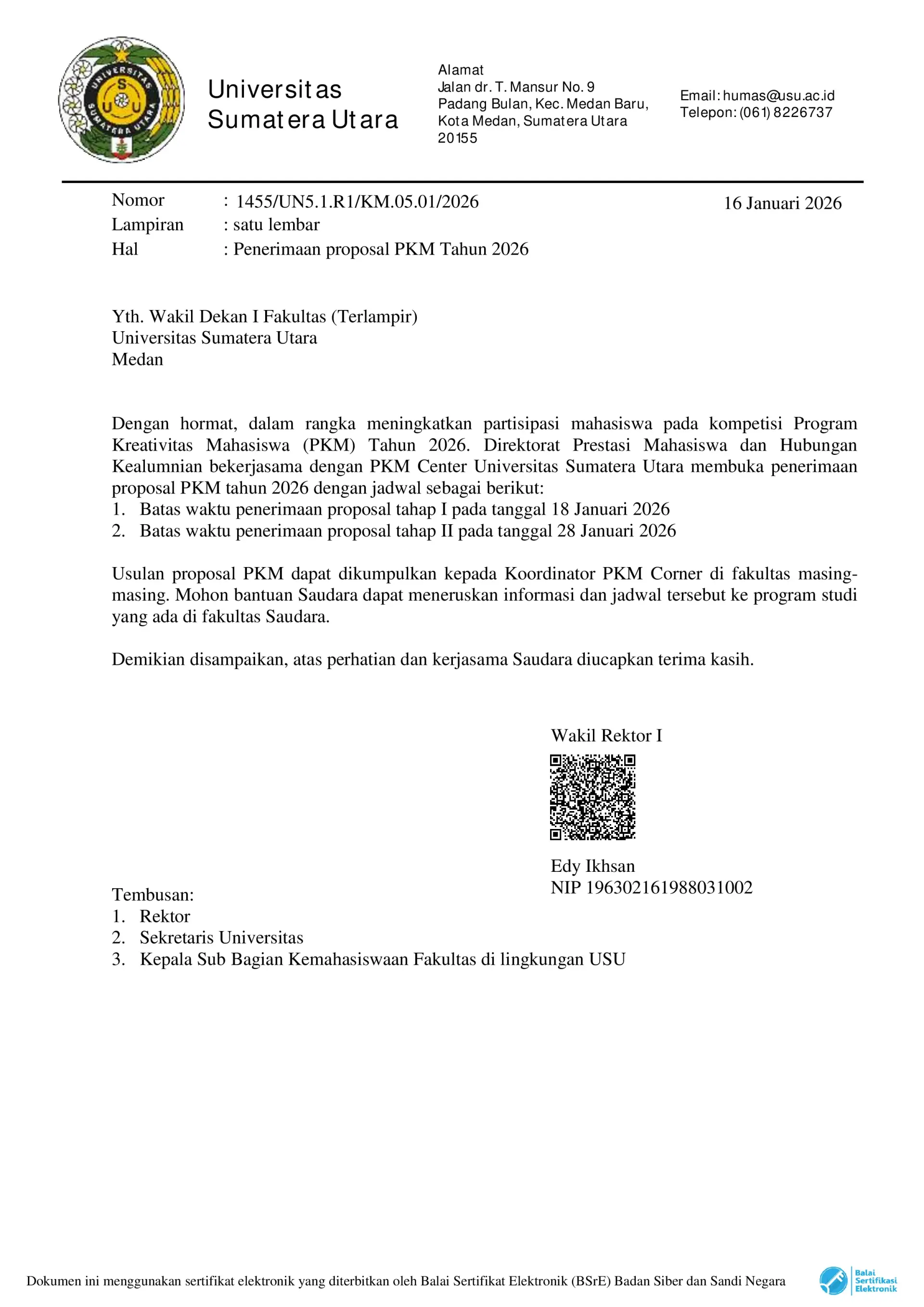 Penerimaan Proposal Program Kreativitas Mahasiswa (PKM) Tahun 2026